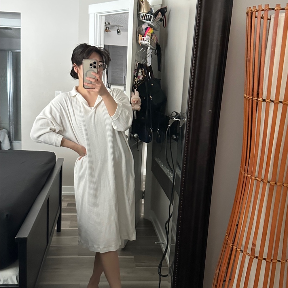 Theme Ivory White Ribbed Cotton Polo Tunic Dress